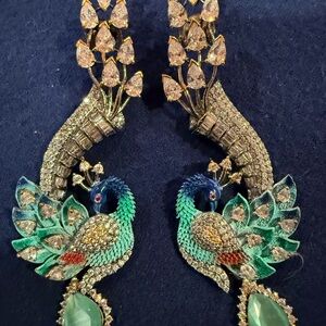 COPY Green And Antique Silver Peacock Earrings with Intricate Design